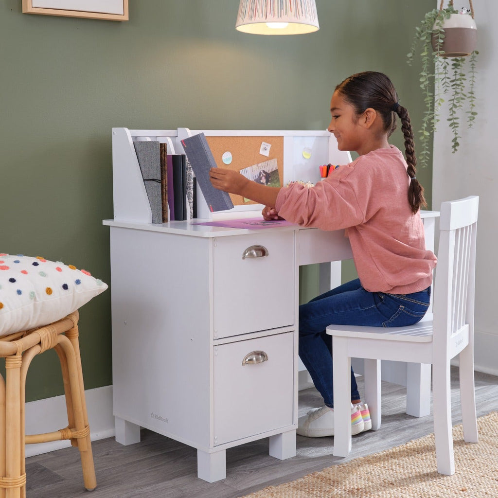 Kids Study Desk and Chair Set with Storage - White