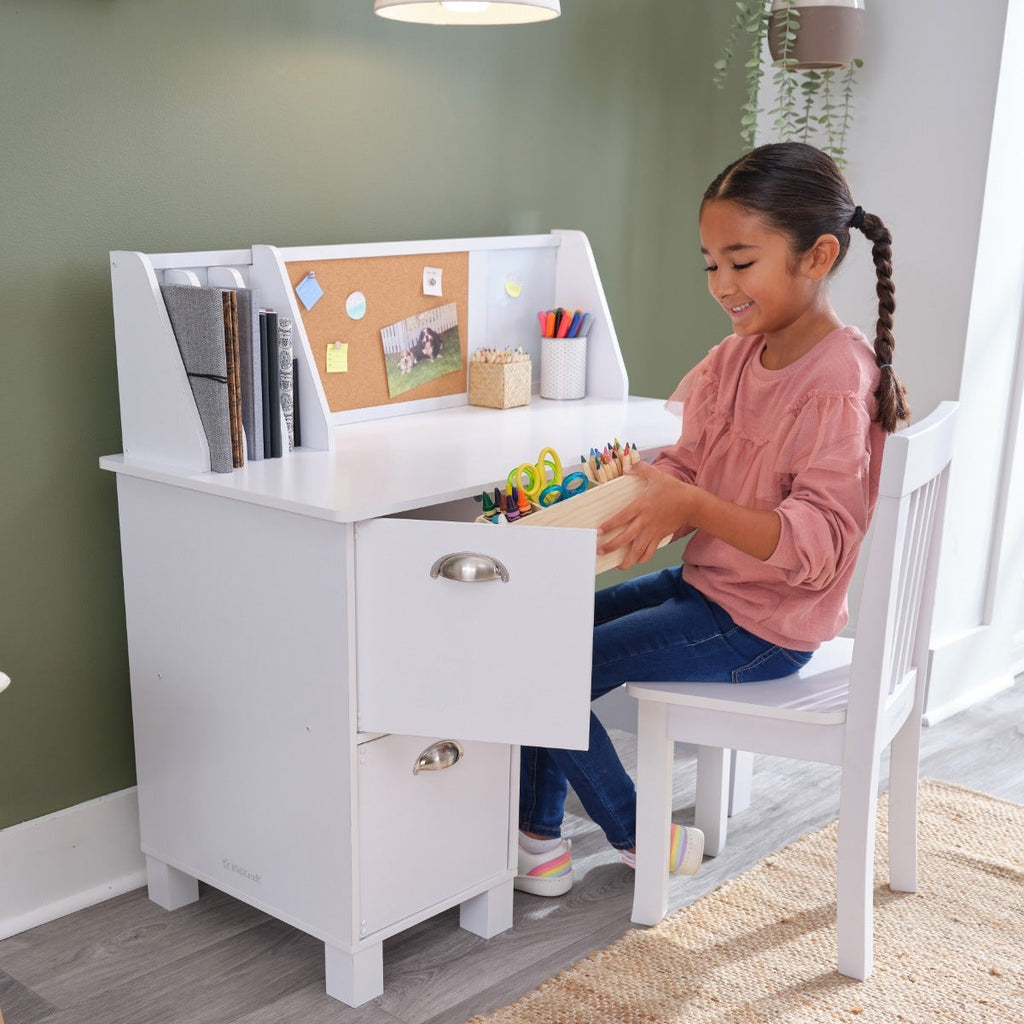 Kids Study Desk and Chair Set with Storage - White