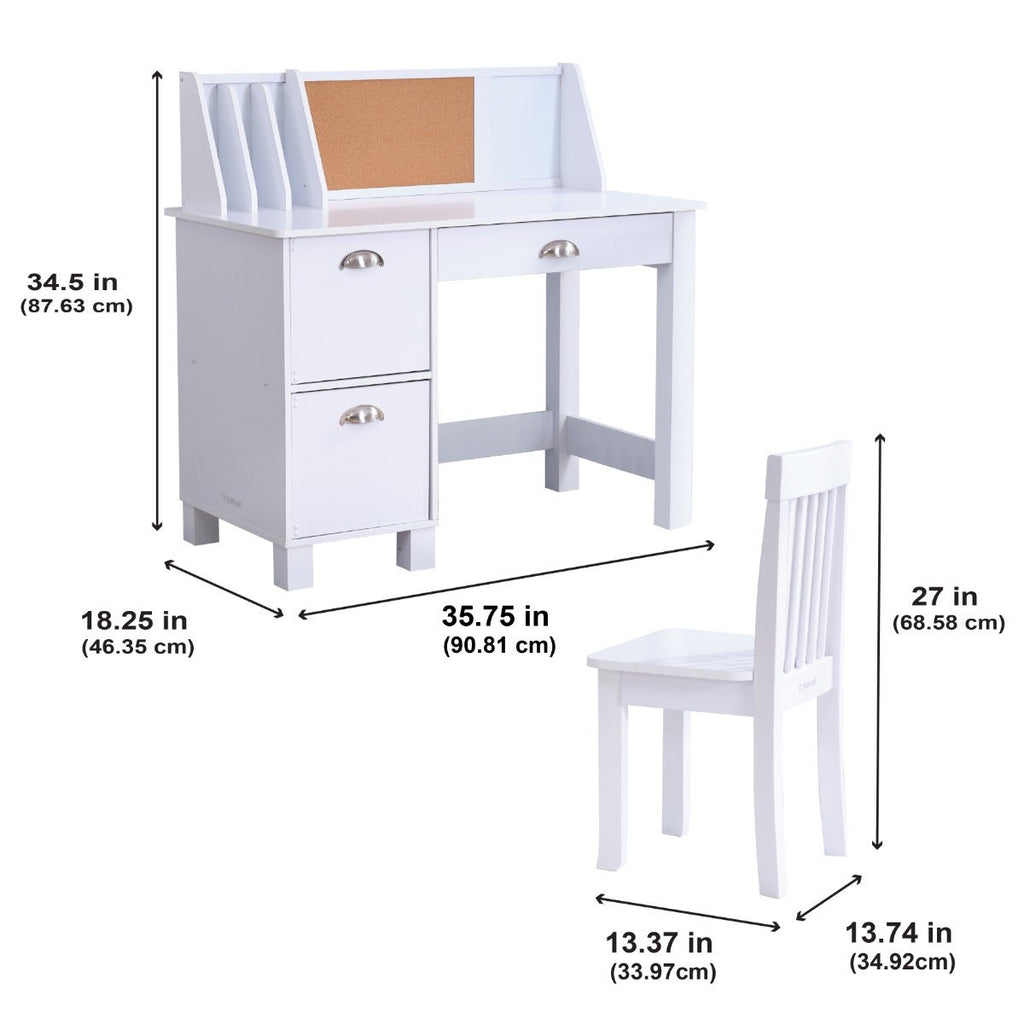 Kids Study Desk and Chair Set with Storage - White