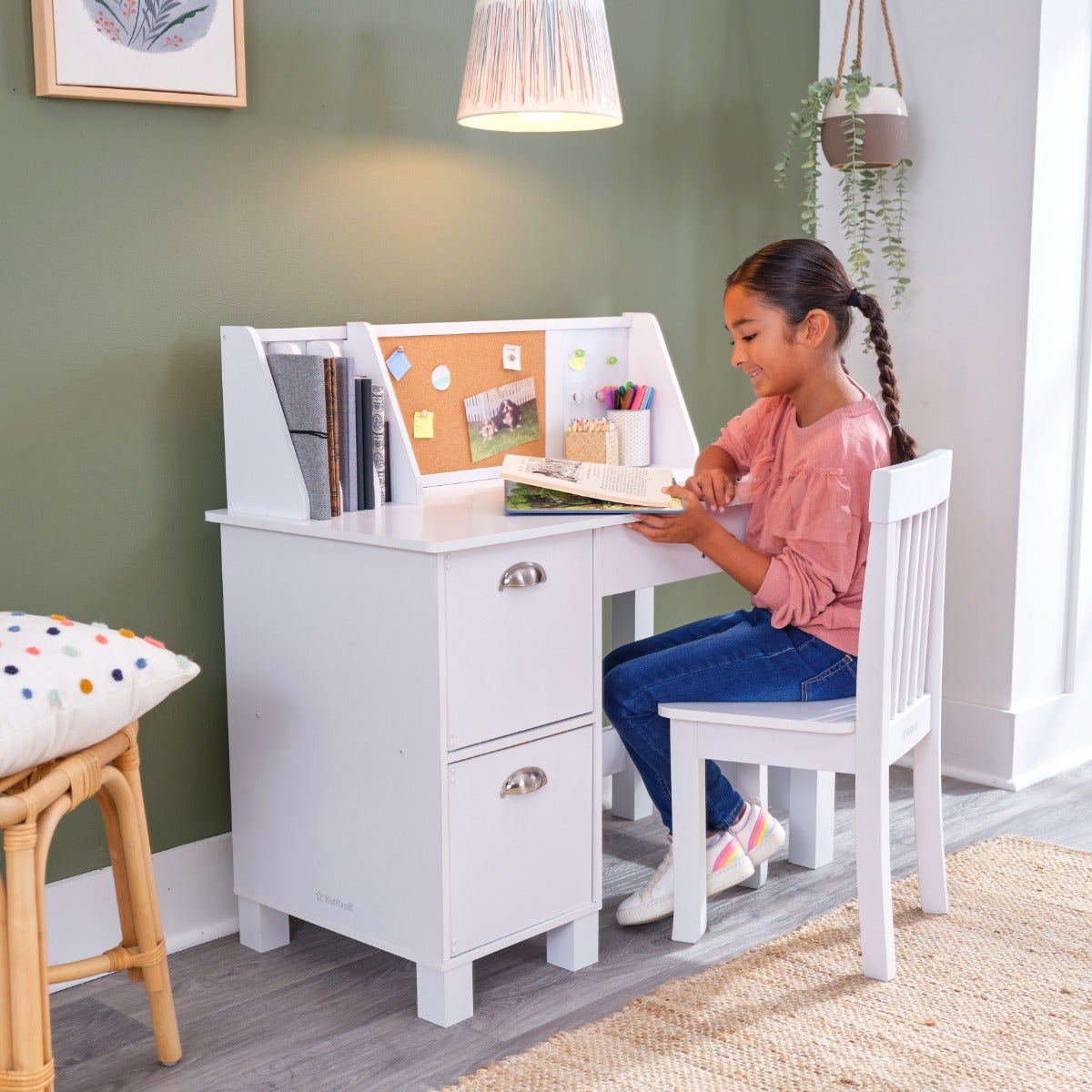 Kids Study Desk and Chair Set with Storage - White