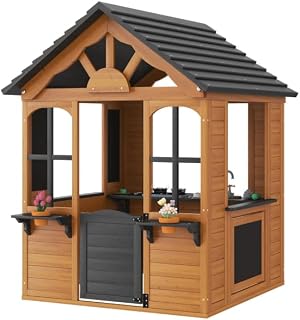 Wooden Outdoor Playhouse with Play Kitchen - Brown