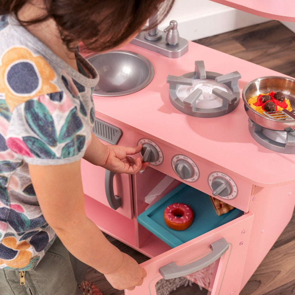 Kids Pretend Play Kitchen with Storage and Toy Ice Maker - Pink