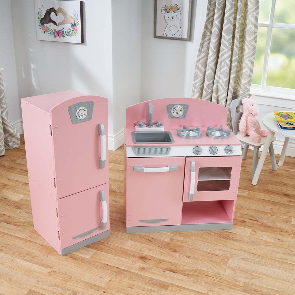 Kids Pretend Play Kitchen with Storage and Toy Refrigerator - Pink