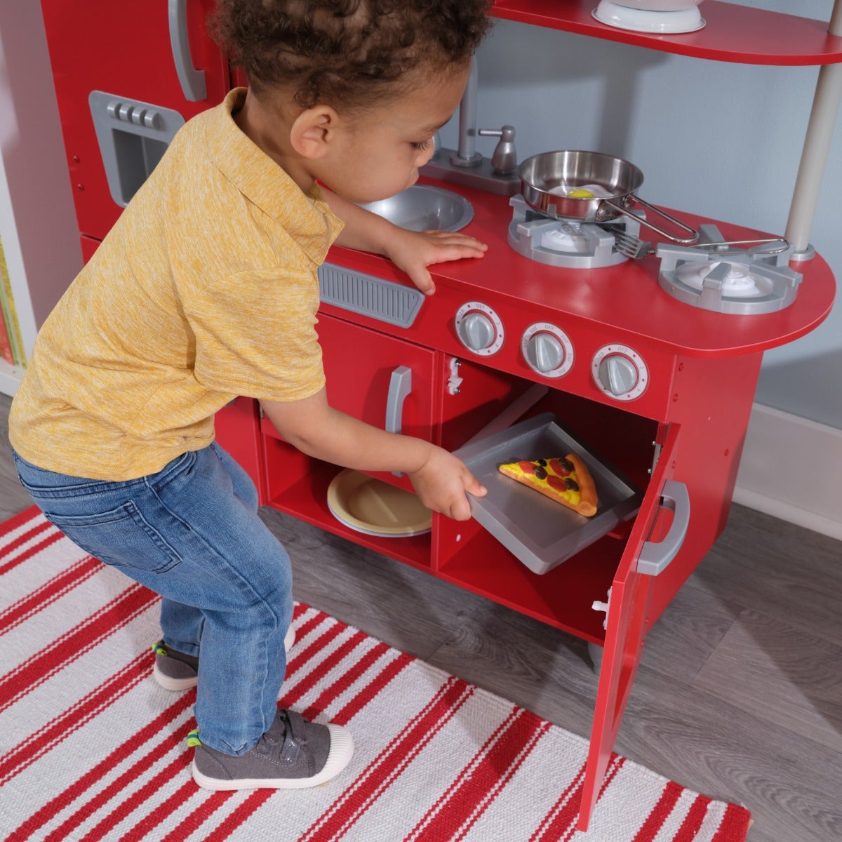 Kids Pretend Play Kitchen with Storage and Toy Ice Maker - Red
