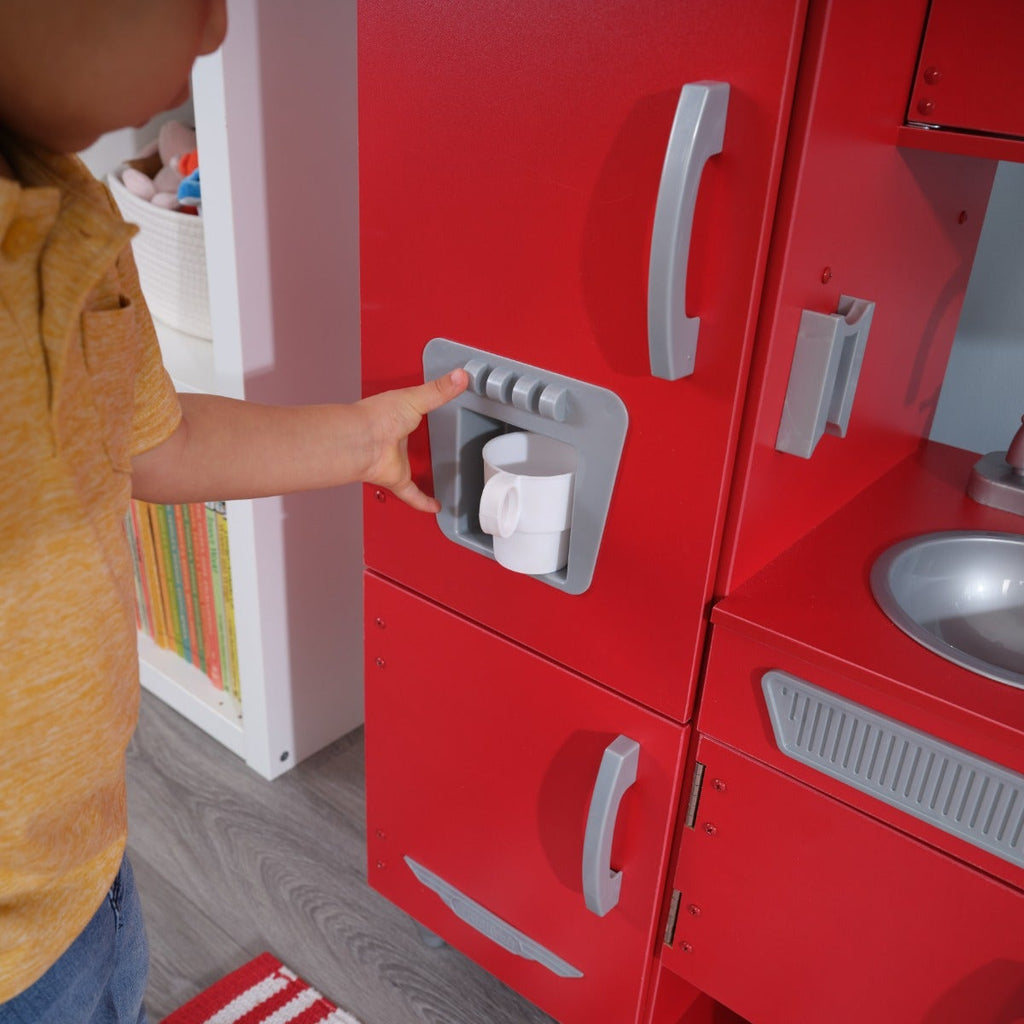 Kids Pretend Play Kitchen with Storage and Toy Ice Maker - Red