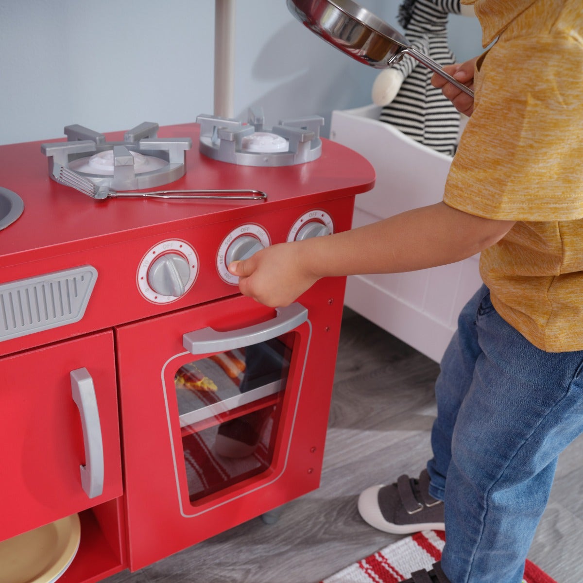 Kids Pretend Play Kitchen with Storage and Toy Ice Maker - Red