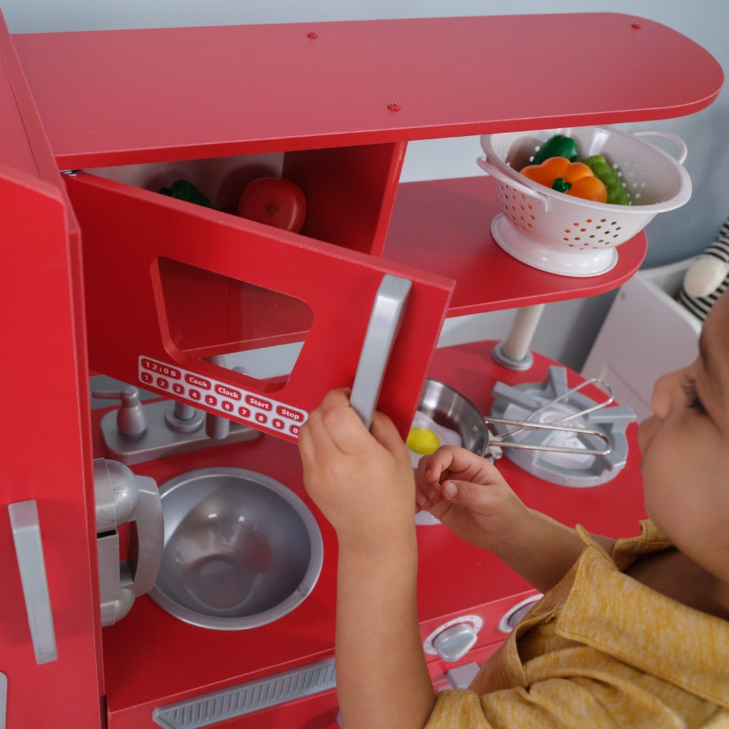 Kids Pretend Play Kitchen with Storage and Toy Ice Maker - Red