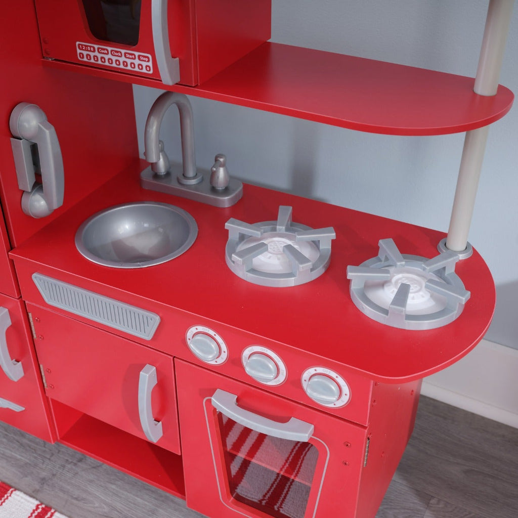 Kids Pretend Play Kitchen with Storage and Toy Ice Maker - Red
