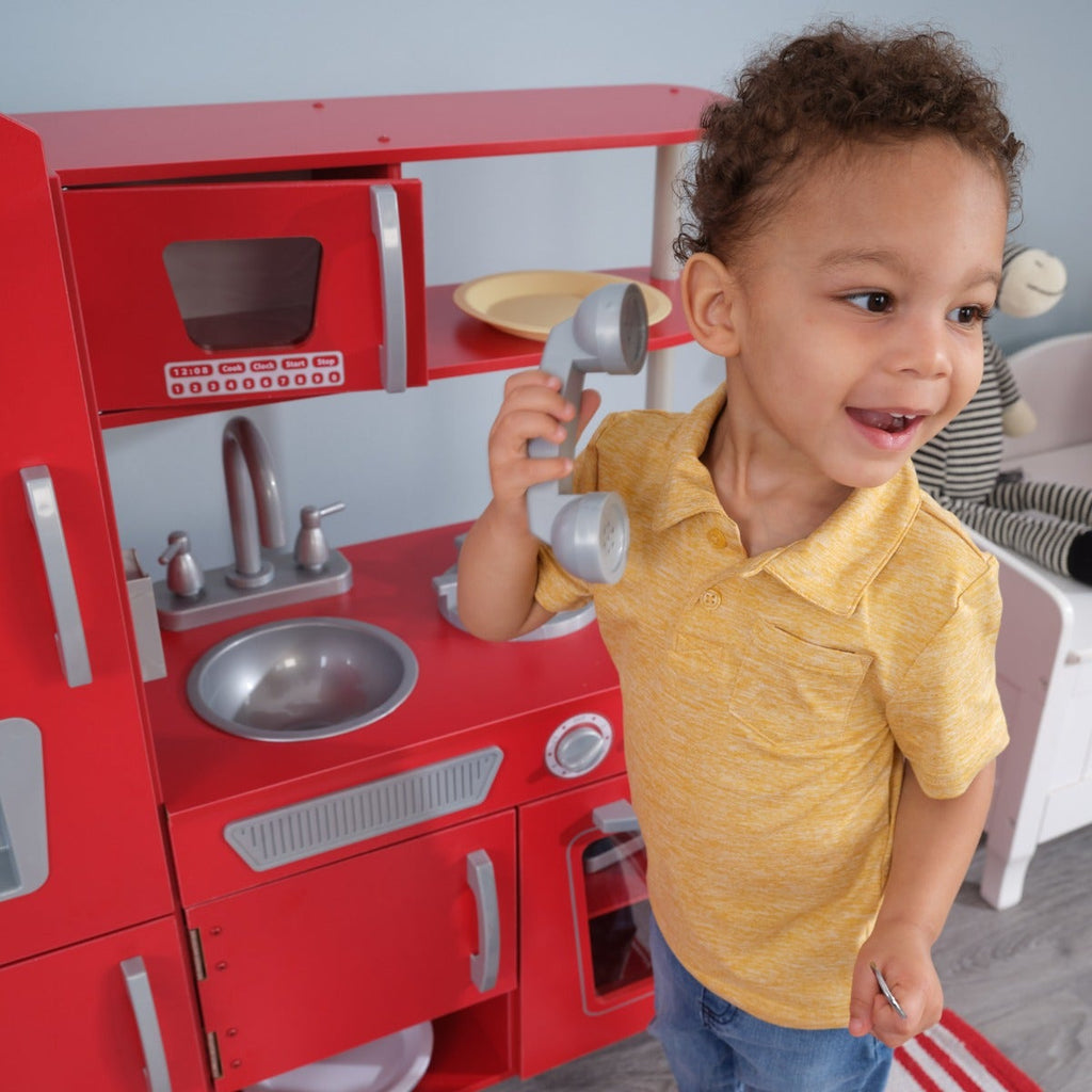 Kids Pretend Play Kitchen with Storage and Toy Ice Maker - Red