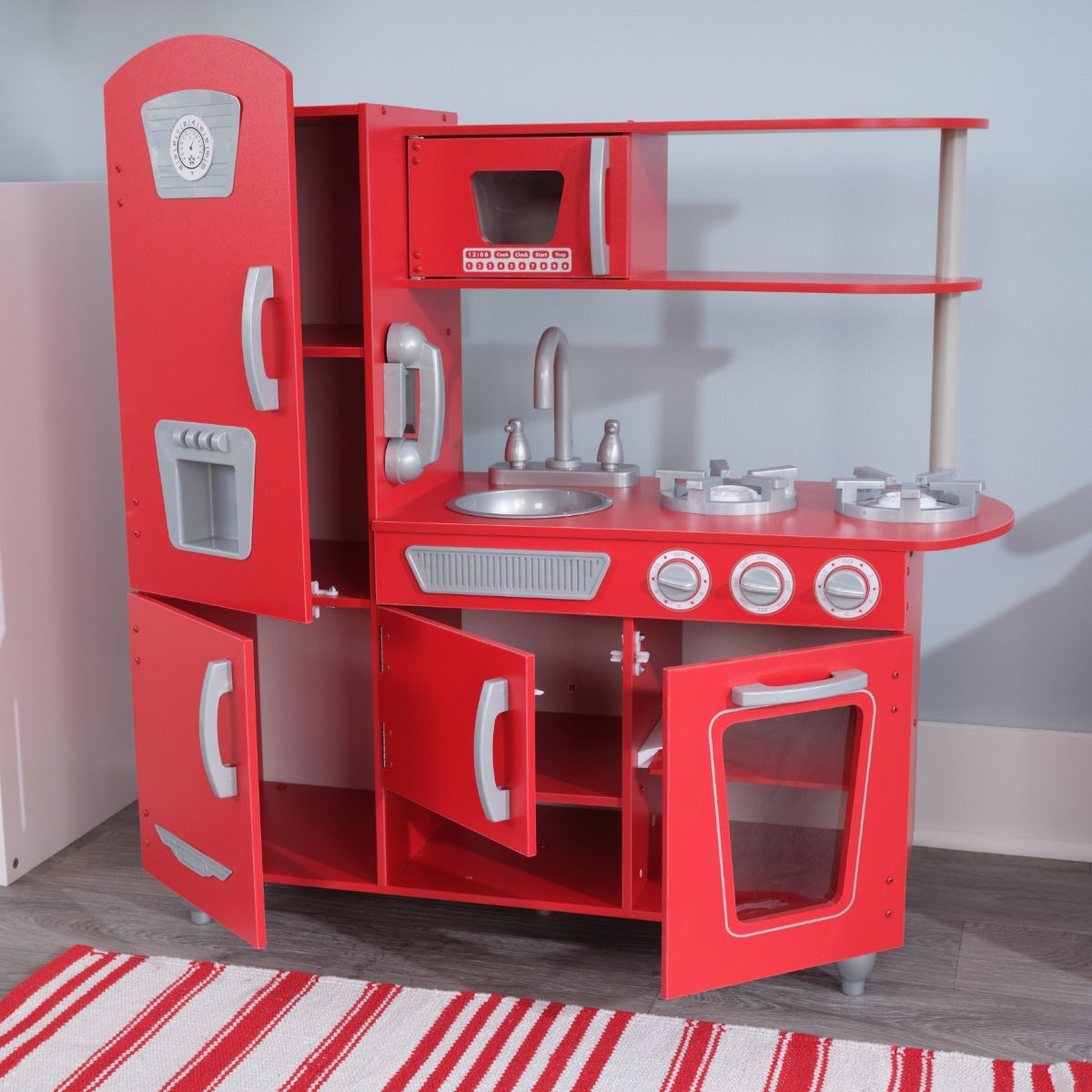 Kids Pretend Play Kitchen with Storage and Toy Ice Maker - Red