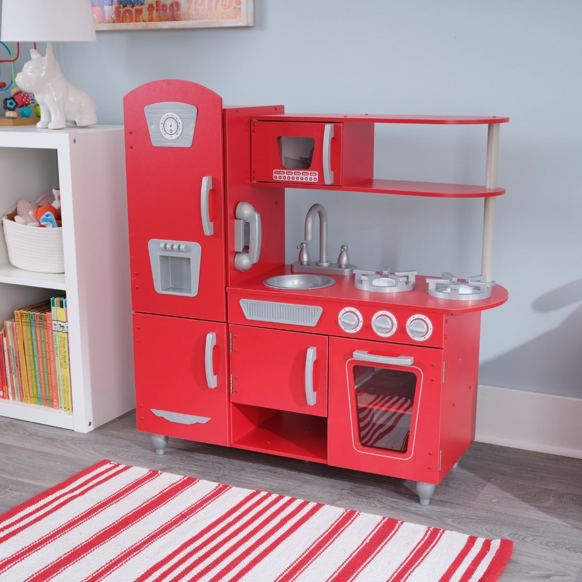 Kids Pretend Play Kitchen with Storage and Toy Ice Maker - Red