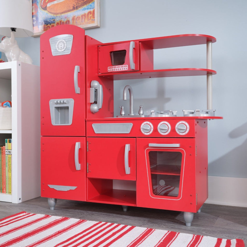 Kids Pretend Play Kitchen with Storage and Toy Ice Maker - Red