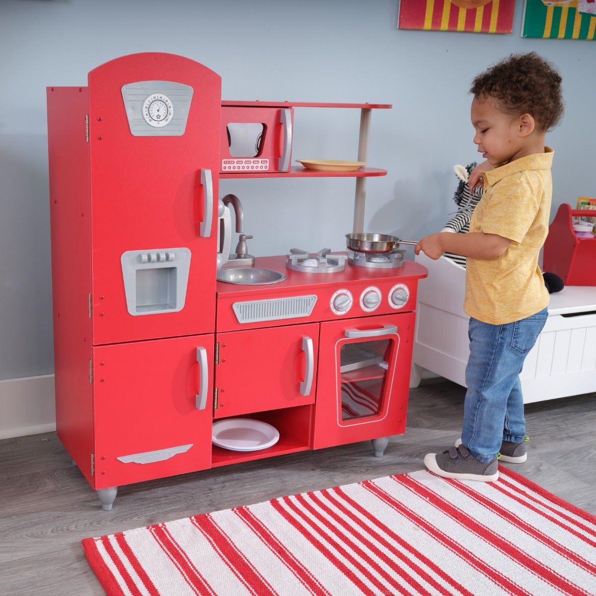 Kids Pretend Play Kitchen with Storage and Toy Ice Maker - Red