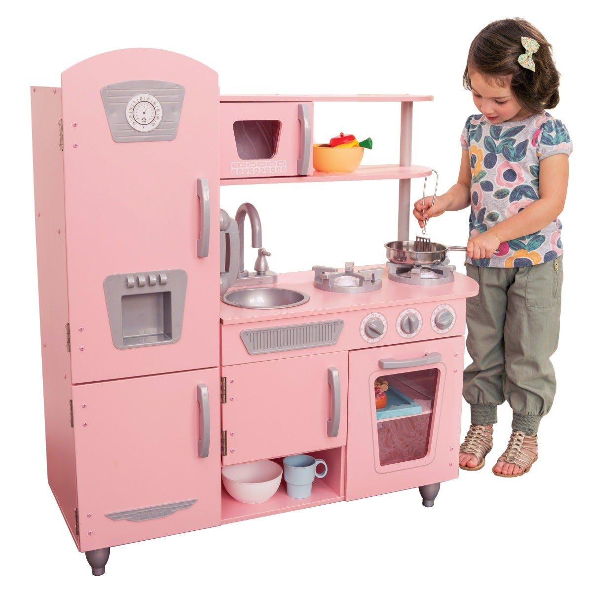 Kids Pretend Play Kitchen with Storage and Toy Ice Maker - Pink
