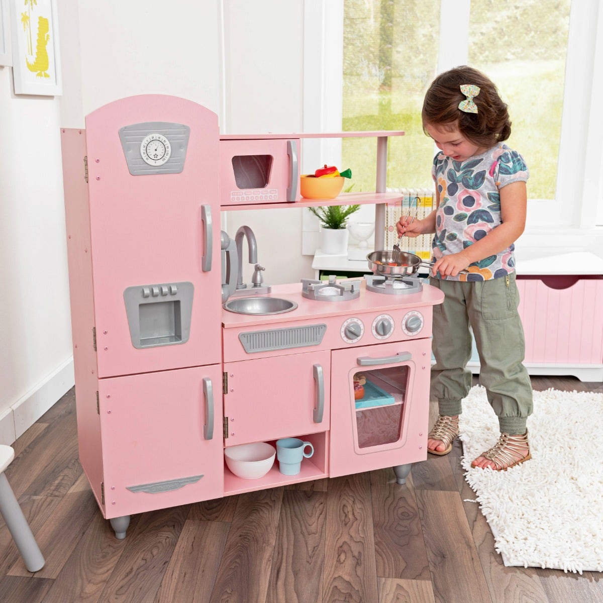 Kids Pretend Play Kitchen with Storage and Toy Ice Maker - Pink