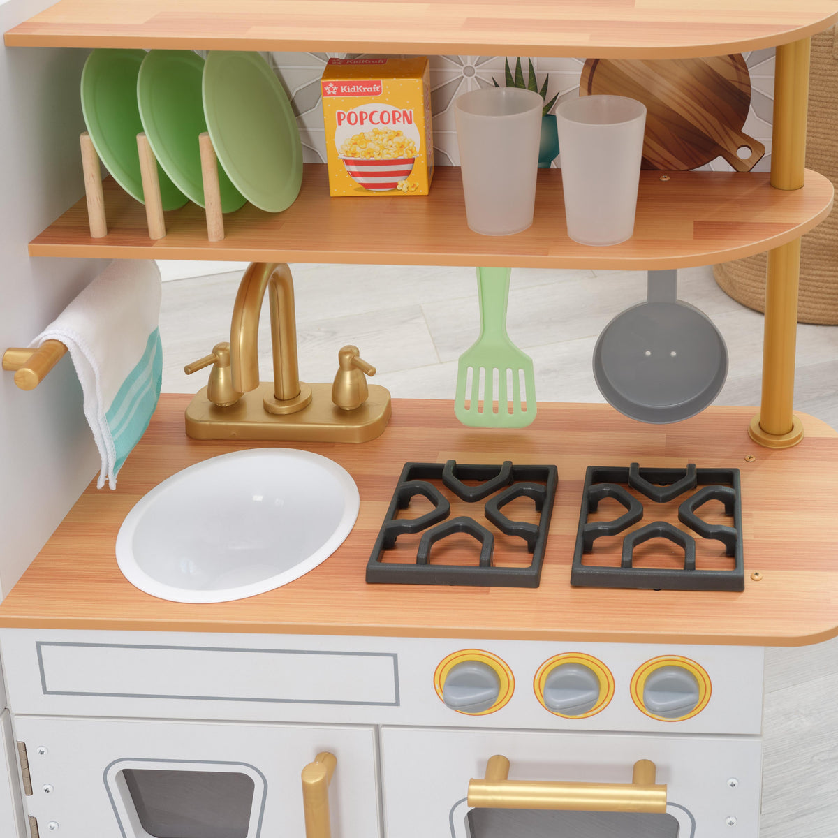 Kids Pretend Play Kitchen with Toy Refrigerator - White / Gold