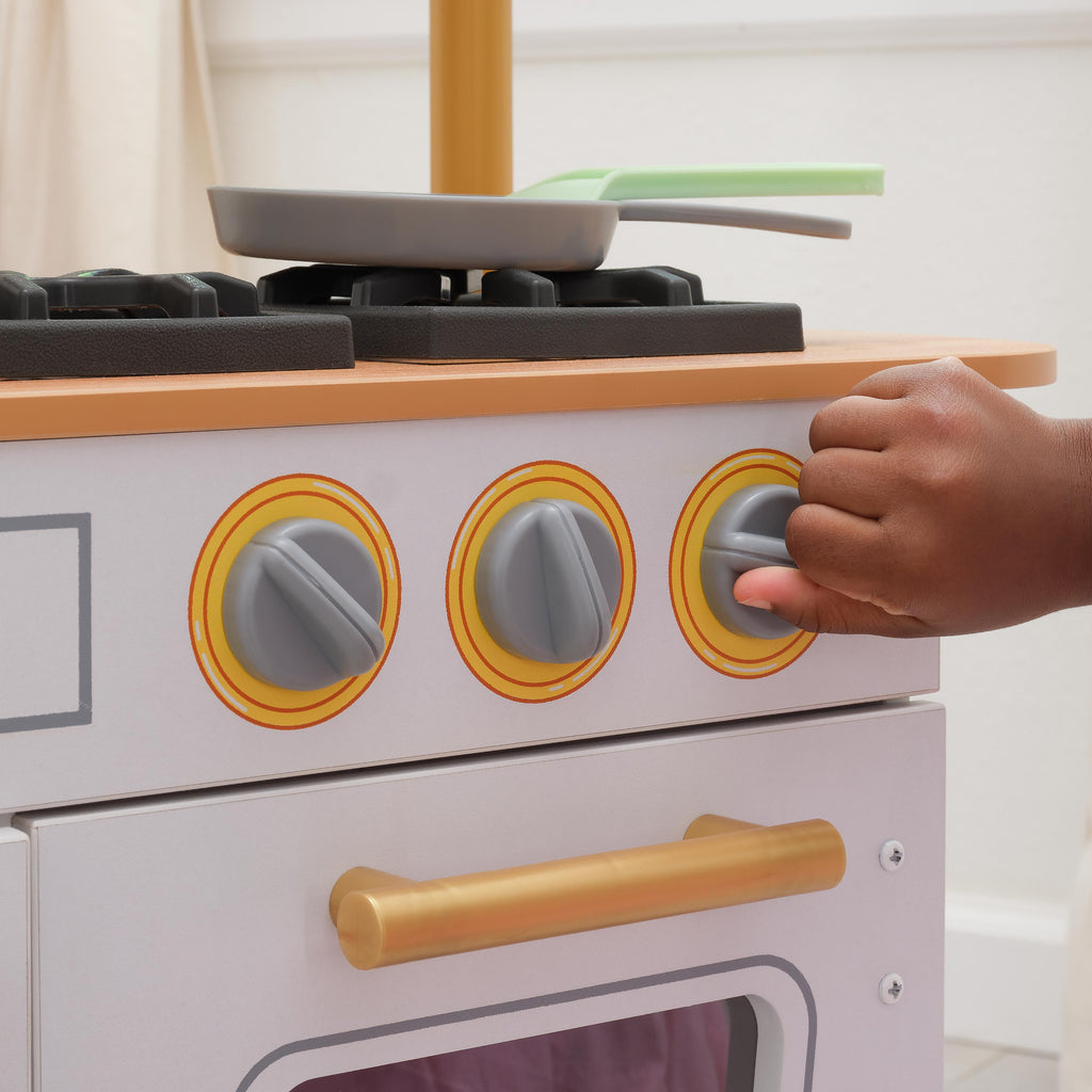 Kids Pretend Play Kitchen with Toy Refrigerator - White / Gold