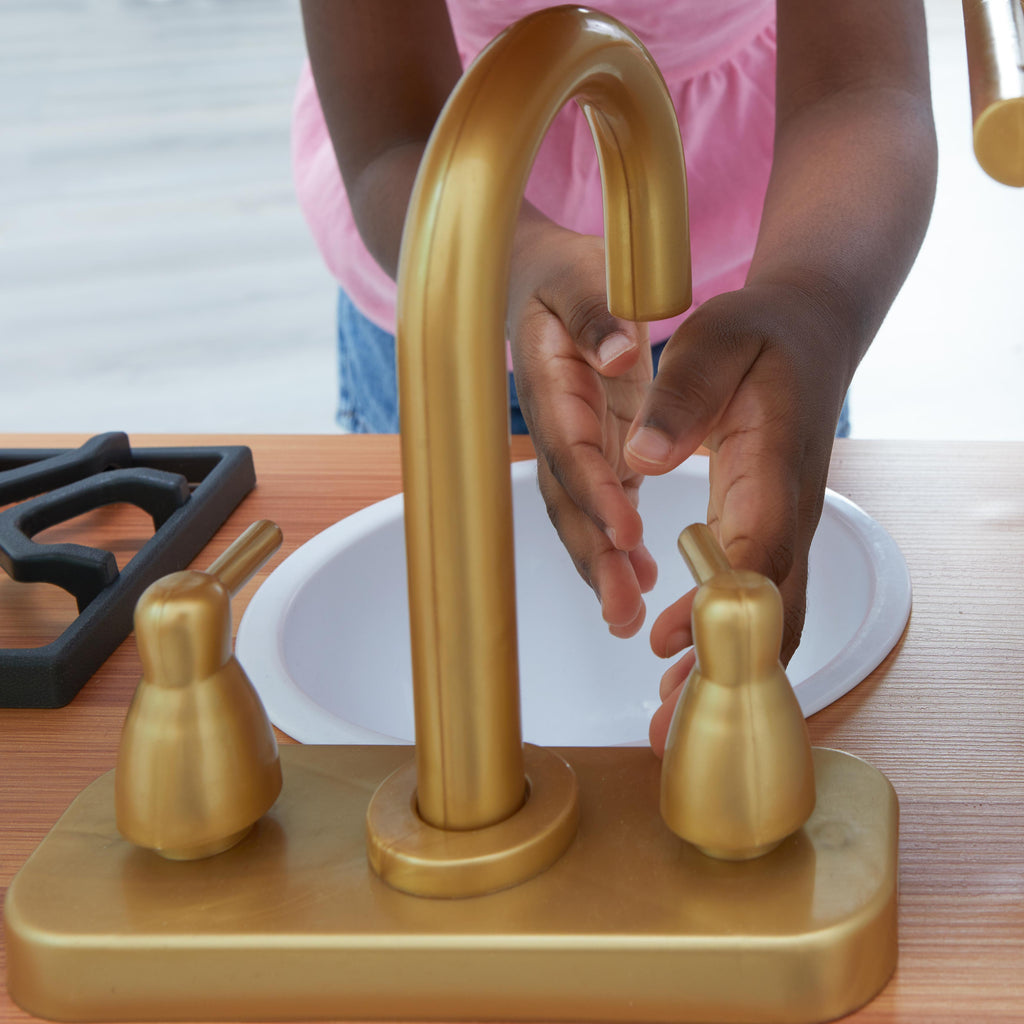 Kids Pretend Play Kitchen with Toy Refrigerator - White / Gold