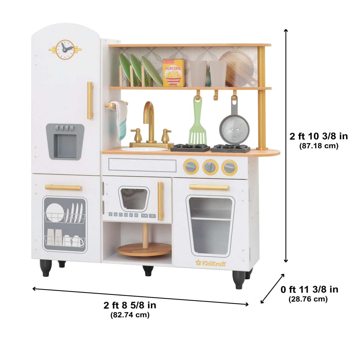 Kids Pretend Play Kitchen with Toy Refrigerator - White / Gold