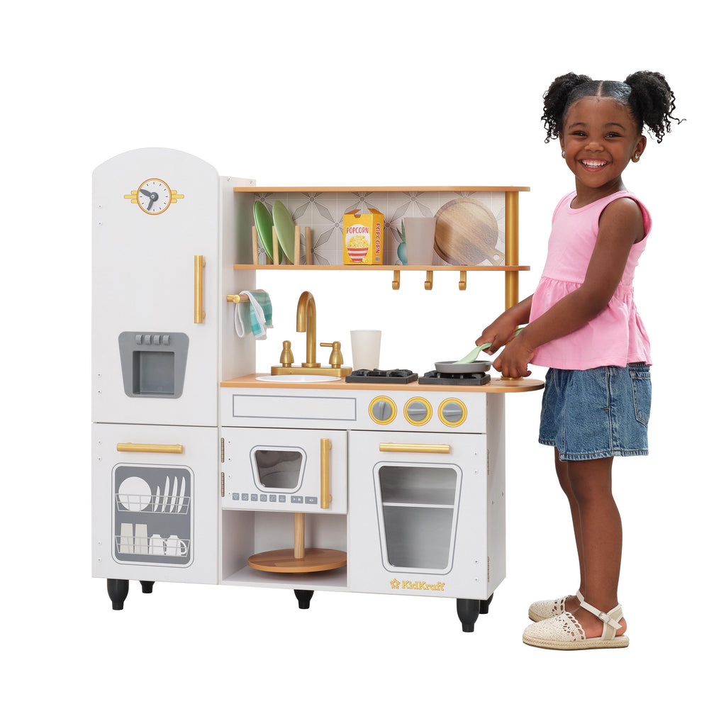 Kids Pretend Play Kitchen with Toy Refrigerator - White / Gold
