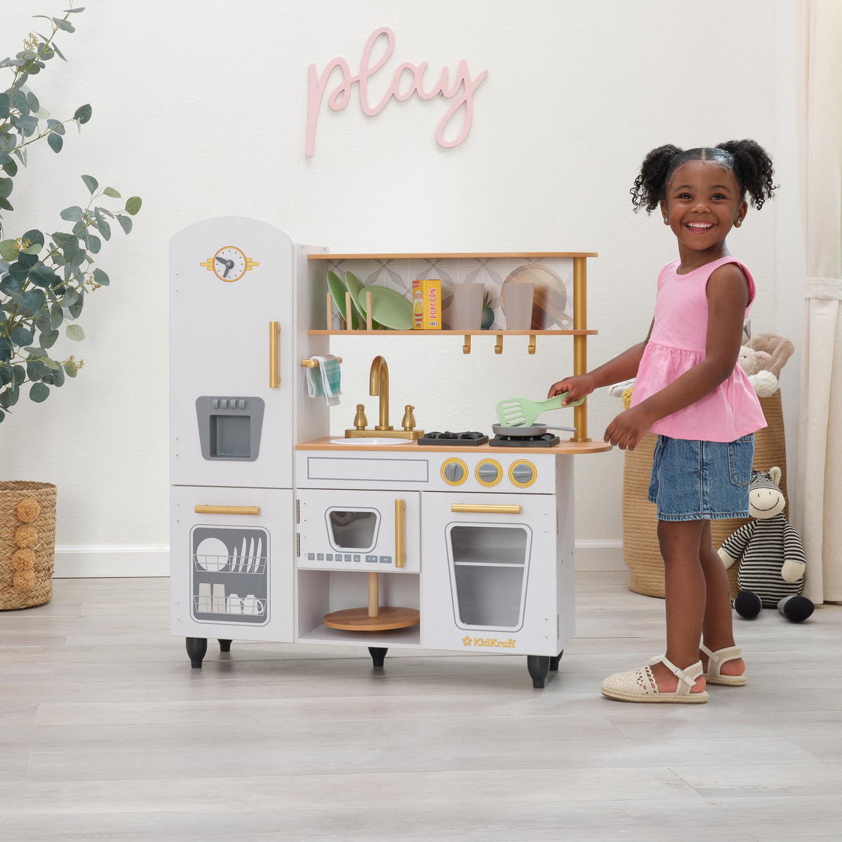 Kids Pretend Play Kitchen with Toy Refrigerator - White / Gold