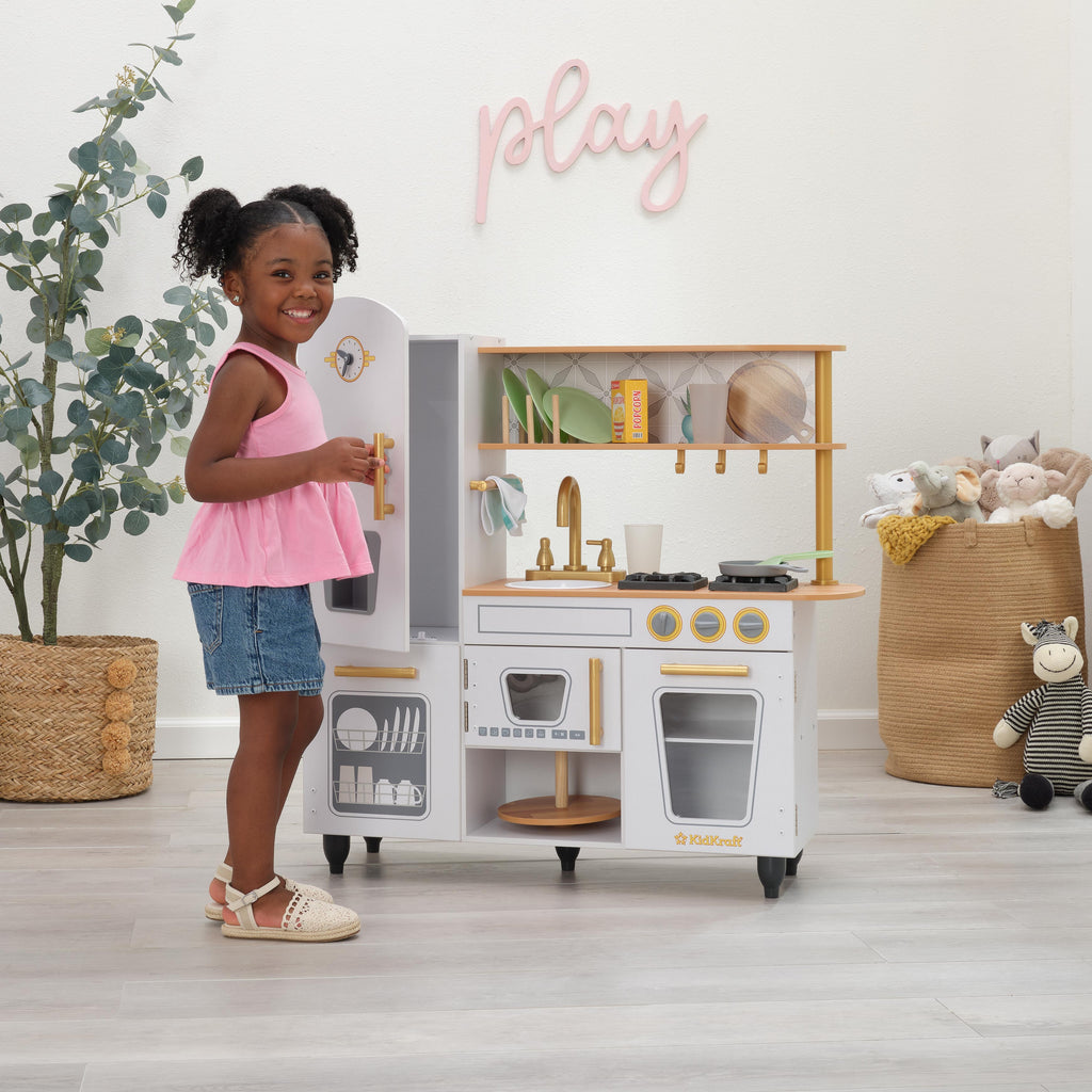 Kids Pretend Play Kitchen with Toy Refrigerator - White / Gold