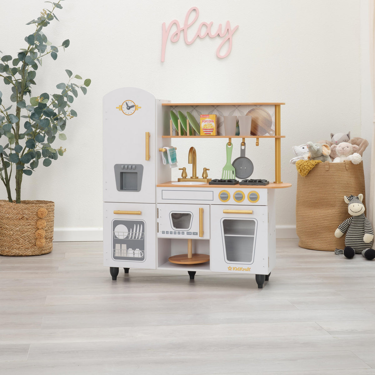 Kids Pretend Play Kitchen with Toy Refrigerator - White / Gold