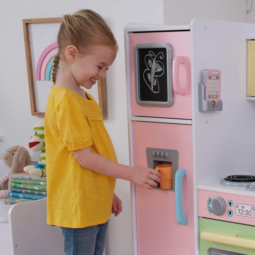 Kids Pretend Play Kitchen with Chalkboard and Toy Refrigerator - Pastel