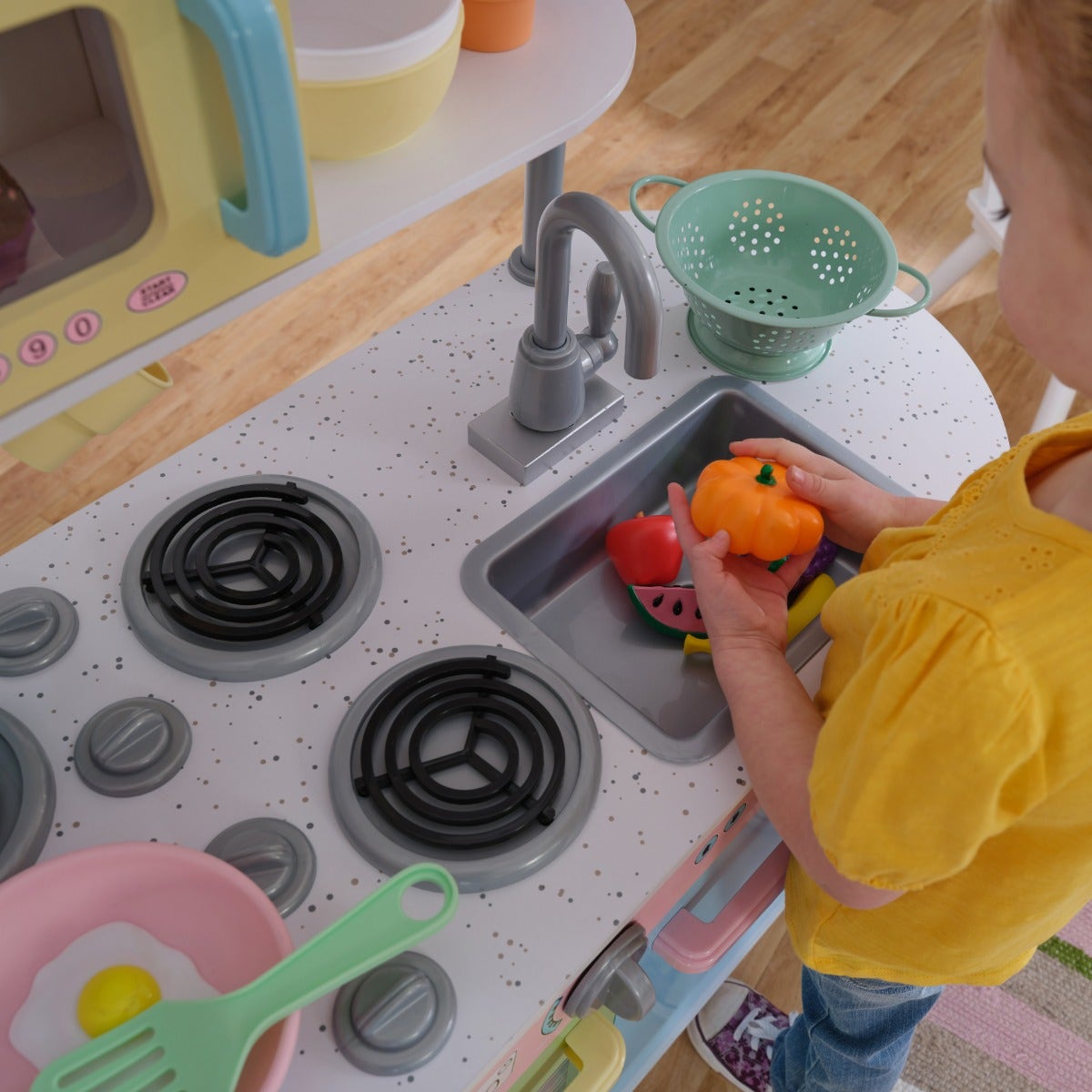 Kids Pretend Play Kitchen with Chalkboard and Toy Refrigerator - Pastel