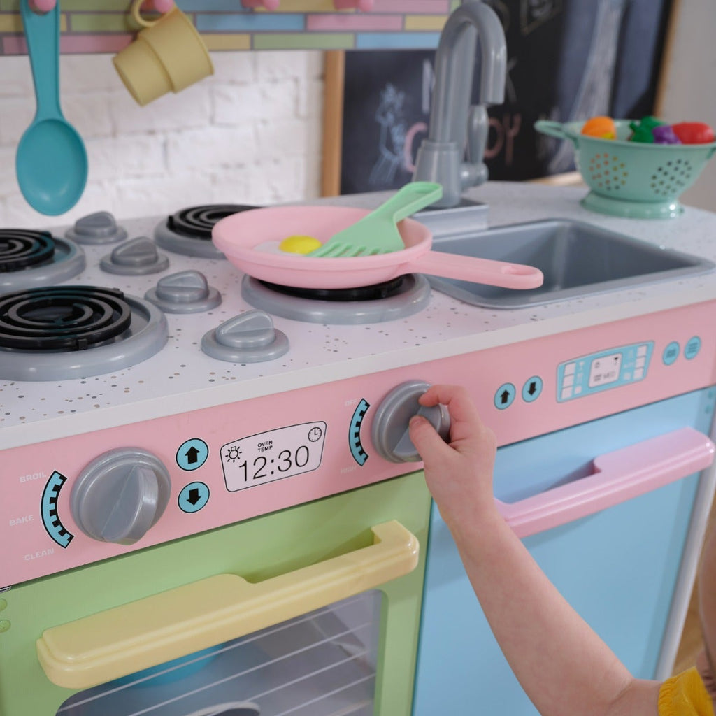 Kids Pretend Play Kitchen with Chalkboard and Toy Refrigerator - Pastel