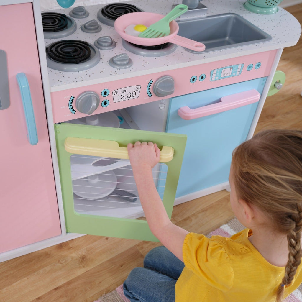 Kids Pretend Play Kitchen with Chalkboard and Toy Refrigerator - Pastel