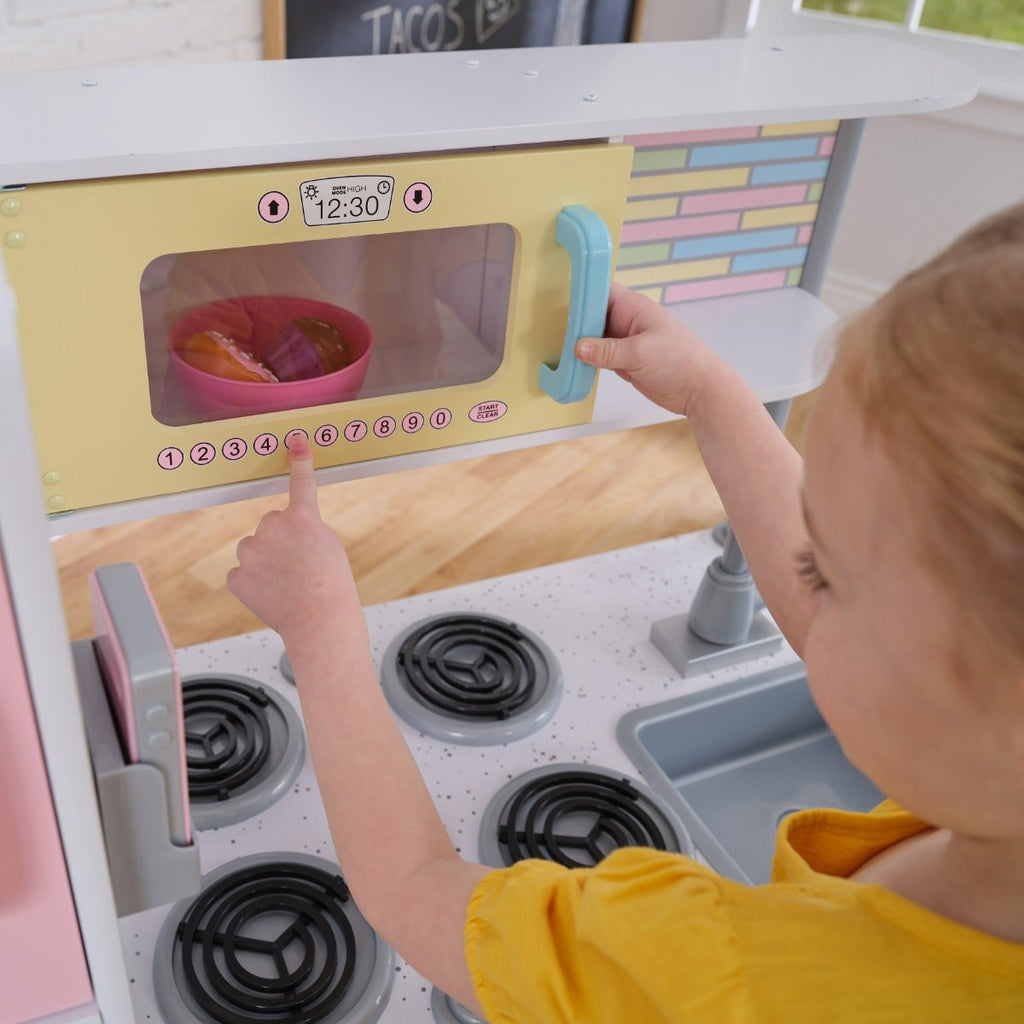 Kids Pretend Play Kitchen with Chalkboard and Toy Refrigerator - Pastel