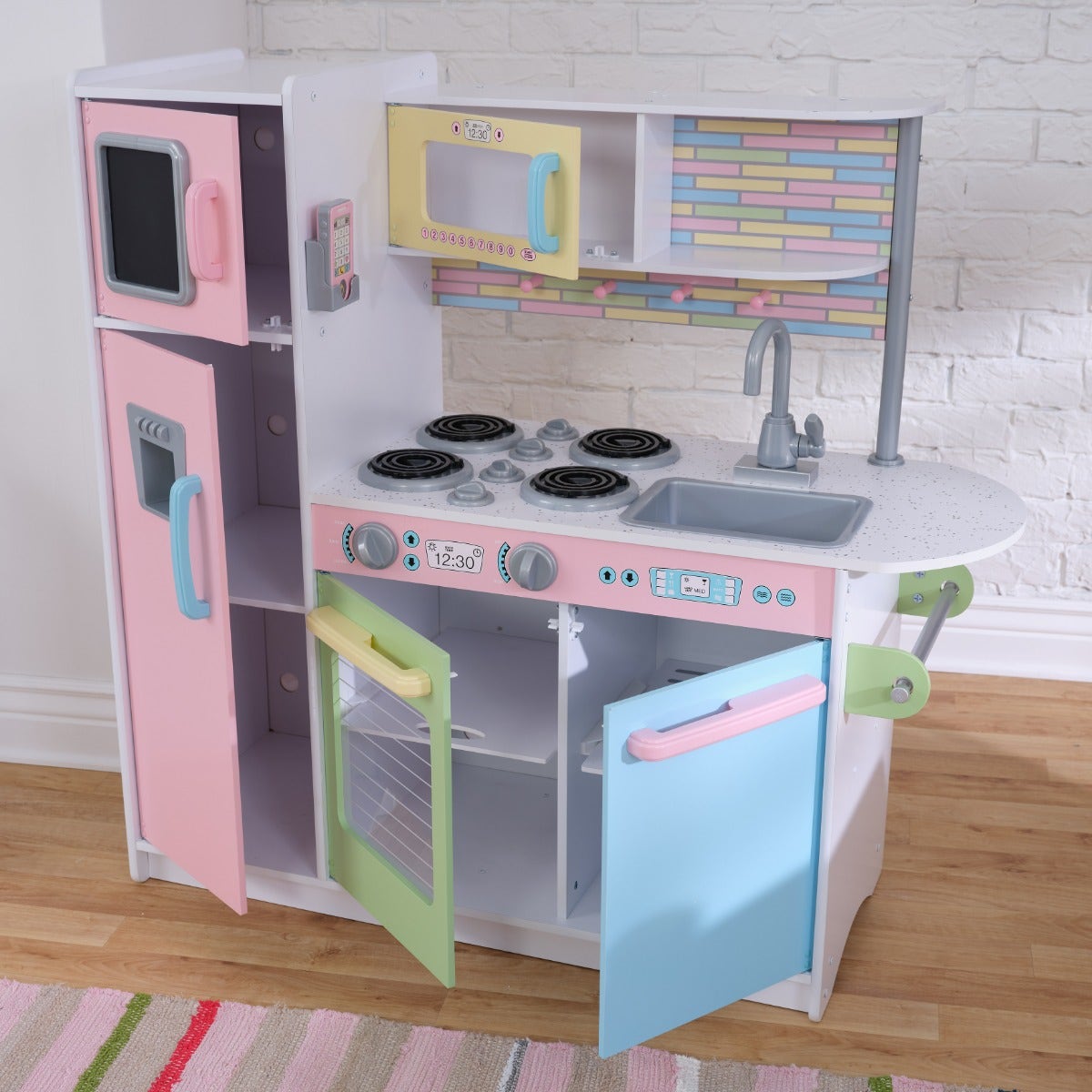 Kids Pretend Play Kitchen with Chalkboard and Toy Refrigerator - Pastel