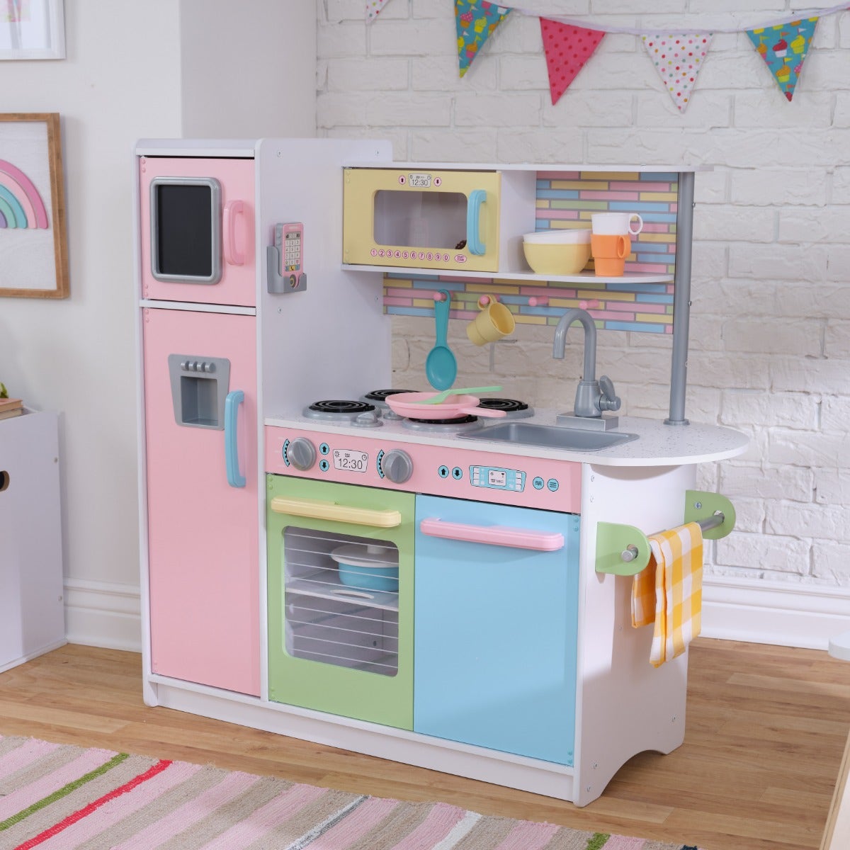 Kids Pretend Play Kitchen with Chalkboard and Toy Refrigerator - Pastel