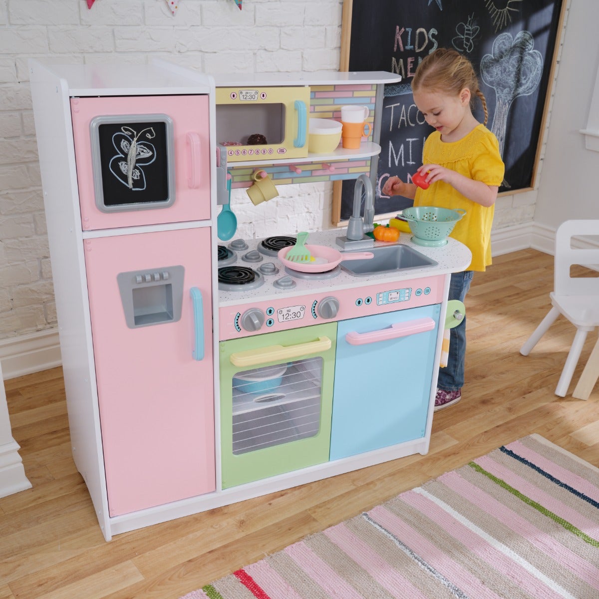 Kids Pretend Play Kitchen with Chalkboard and Toy Refrigerator - Pastel
