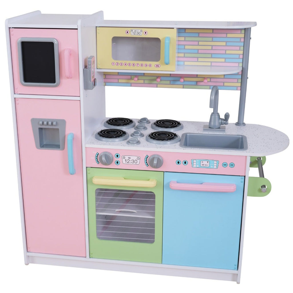 Kids Pretend Play Kitchen with Chalkboard and Toy Refrigerator - Pastel