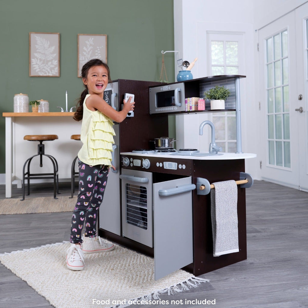 Kids Pretend Play Kitchen with Chalkboard and Toy Refrigerator - Espresso