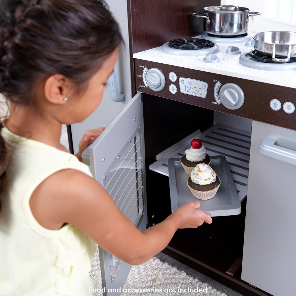 Kids Pretend Play Kitchen with Chalkboard and Toy Refrigerator - Espresso