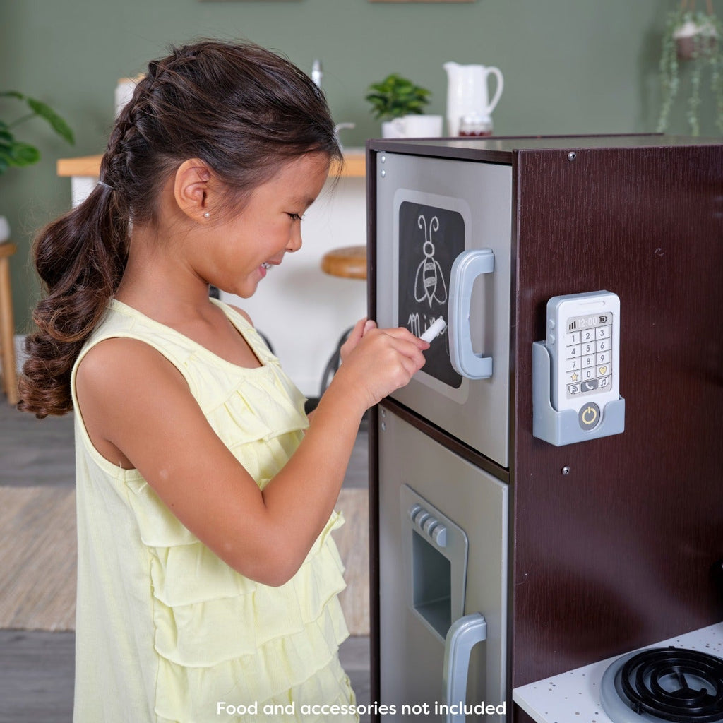 Kids Pretend Play Kitchen with Chalkboard and Toy Refrigerator - Espresso