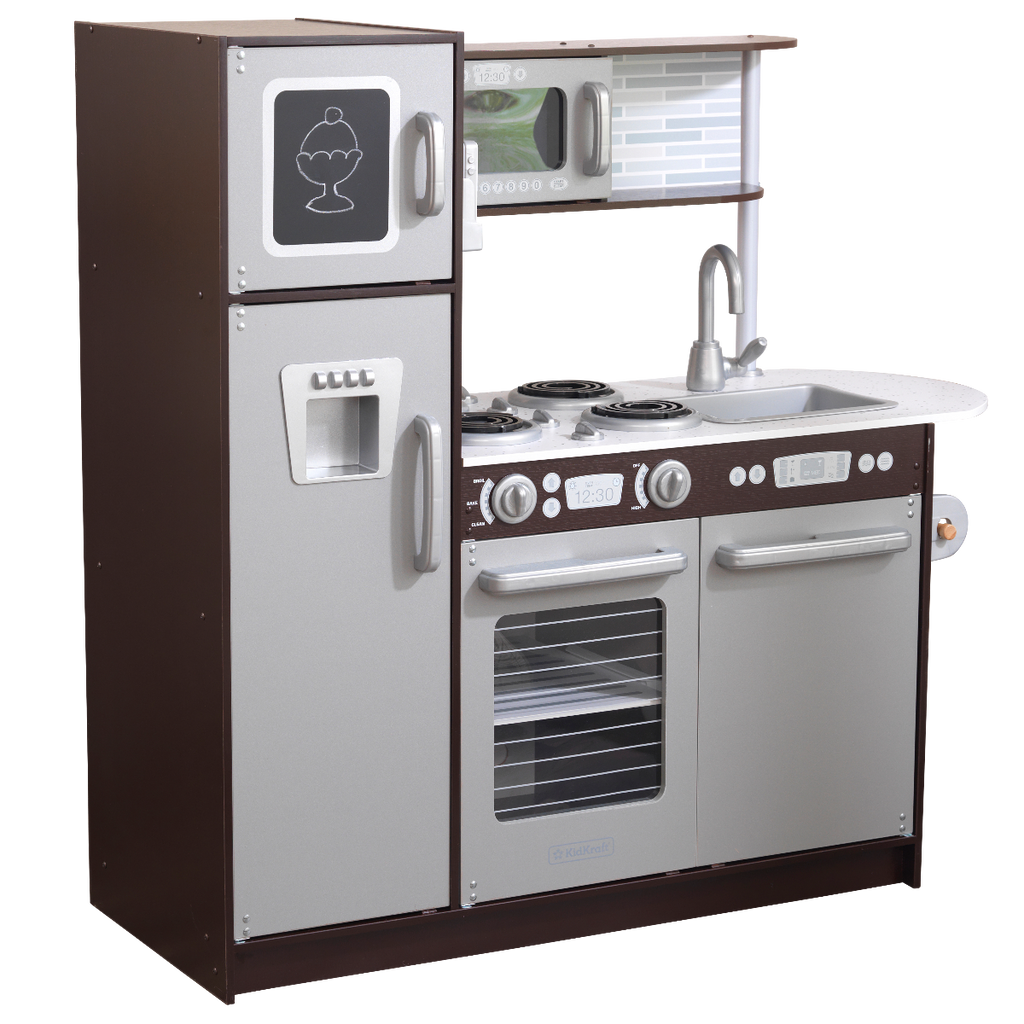 Kids Pretend Play Kitchen with Chalkboard and Toy Refrigerator - Espresso