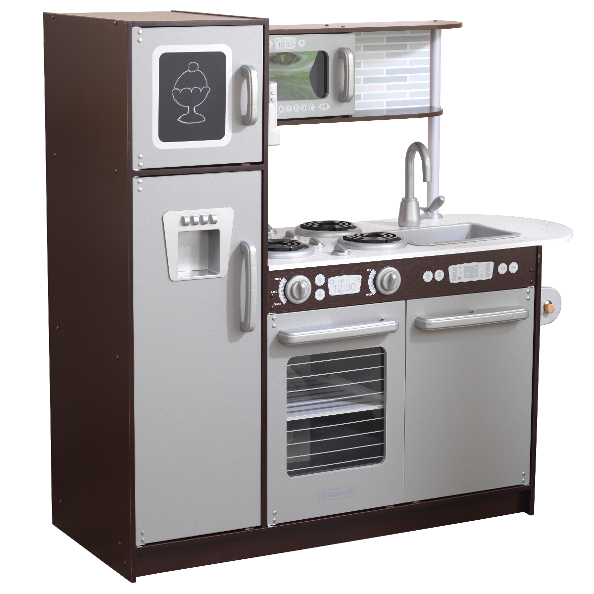 Kids Pretend Play Kitchen with Chalkboard and Toy Refrigerator - Espresso