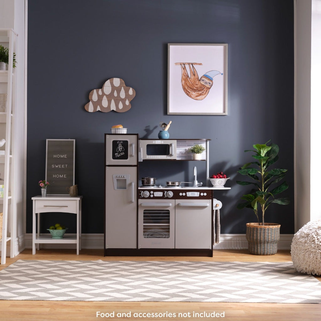 Kids Pretend Play Kitchen with Chalkboard and Toy Refrigerator - Espresso