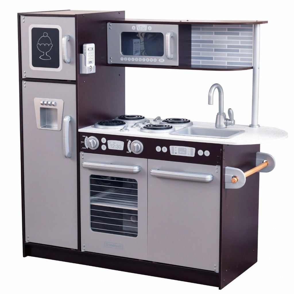 Kids Pretend Play Kitchen with Chalkboard and Toy Refrigerator - Espresso