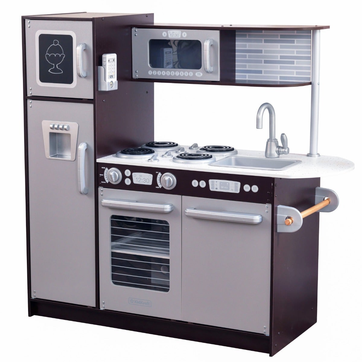 Kids Pretend Play Kitchen with Chalkboard and Toy Refrigerator - Espresso