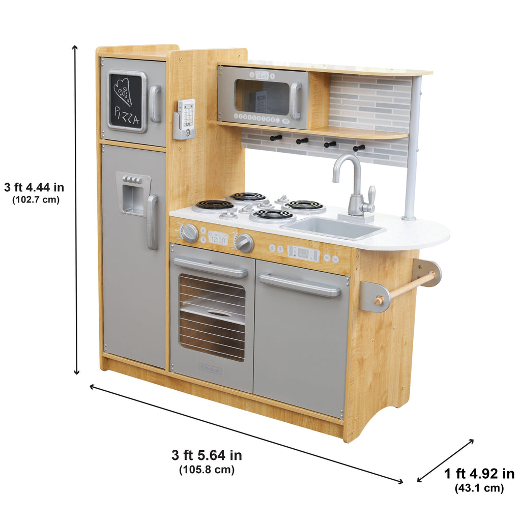 Kids Pretend Play Kitchen with Chalkboard and Toy Refrigerator - Natural