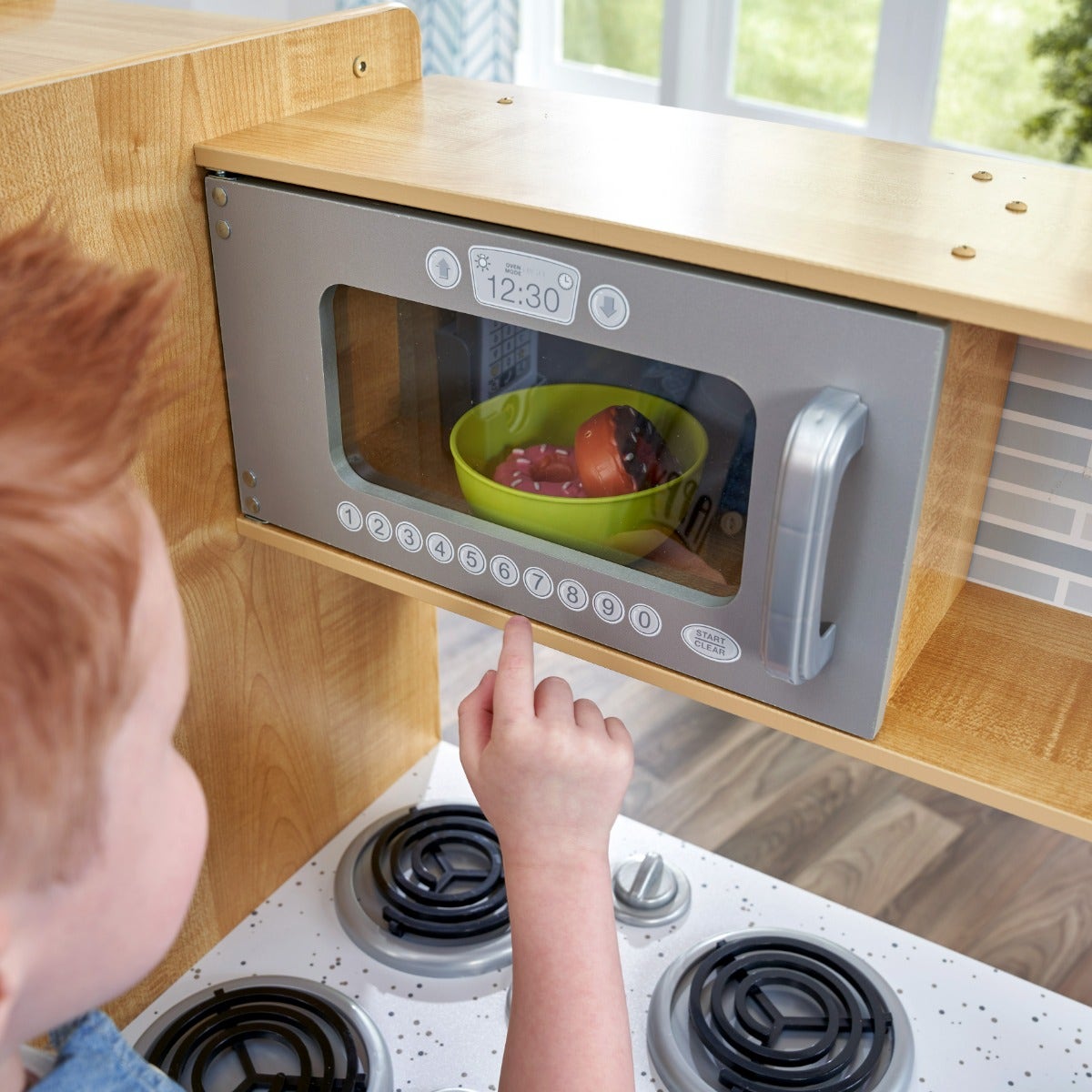 Kids Pretend Play Kitchen with Chalkboard and Toy Refrigerator - Natural