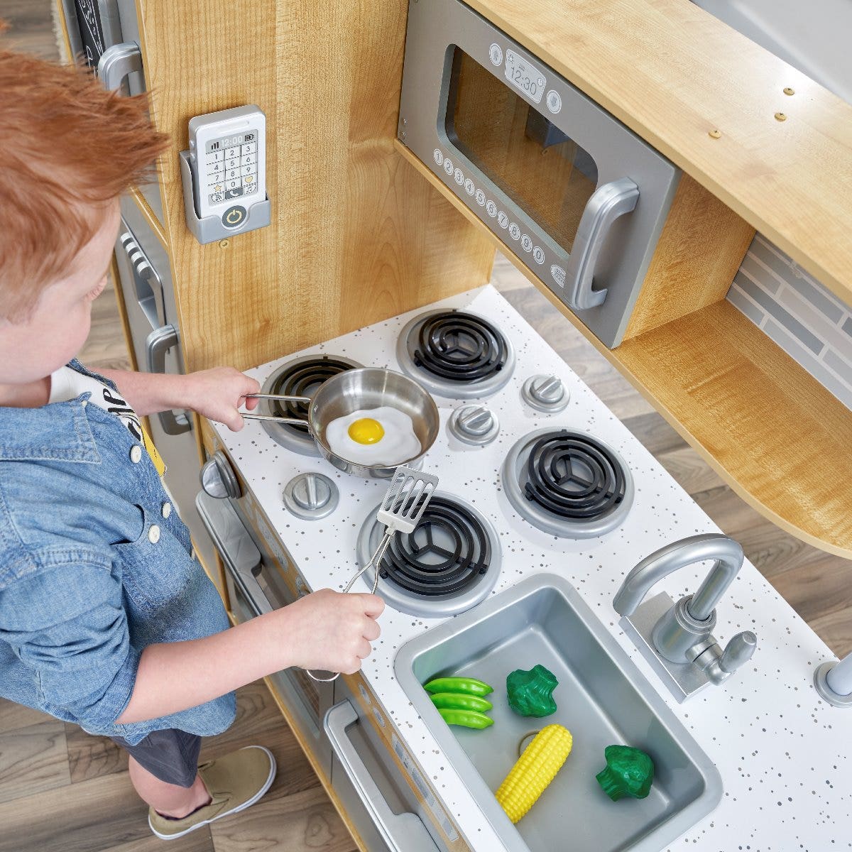Kids Pretend Play Kitchen with Chalkboard and Toy Refrigerator - Natural
