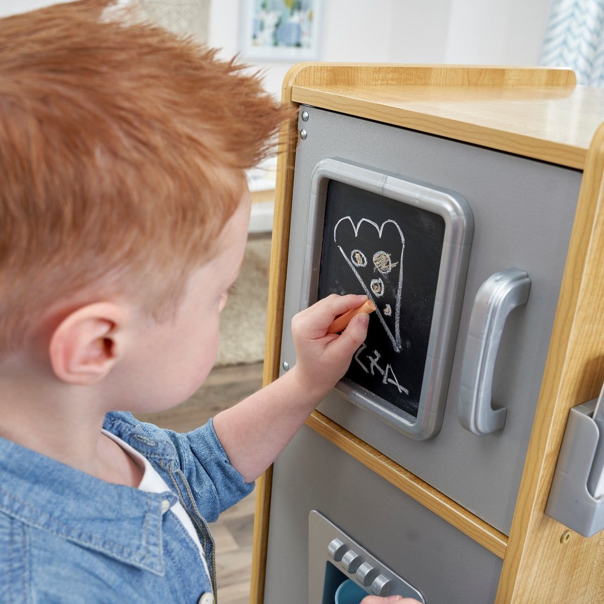 Kids Pretend Play Kitchen with Chalkboard and Toy Refrigerator - Natural
