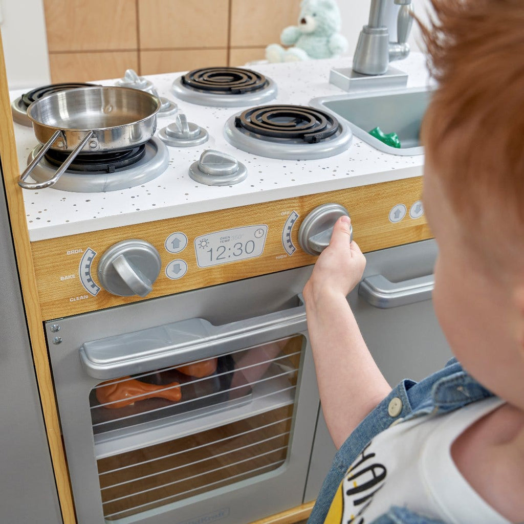 Kids Pretend Play Kitchen with Chalkboard and Toy Refrigerator - Natural