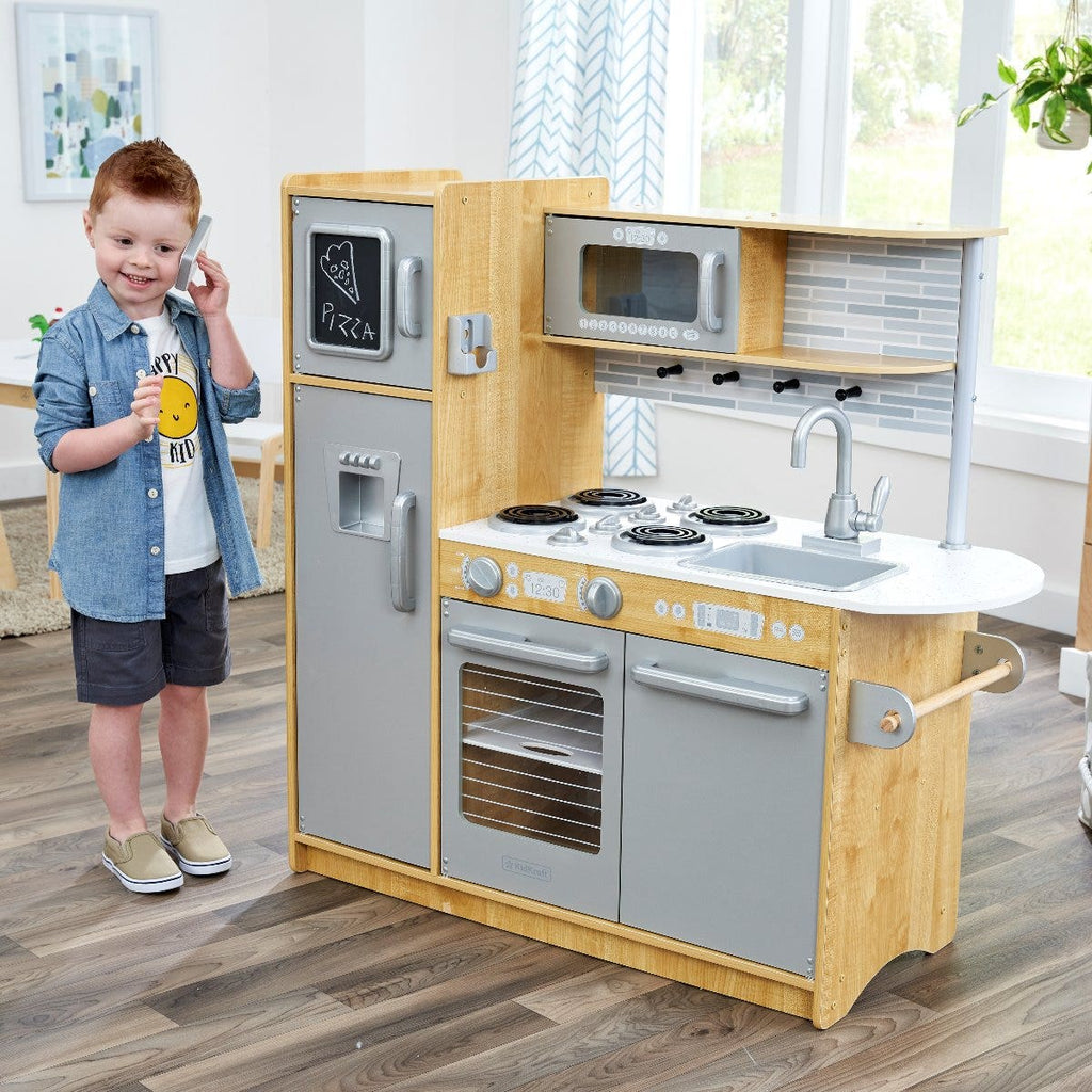 Kids Pretend Play Kitchen with Chalkboard and Toy Refrigerator - Natural